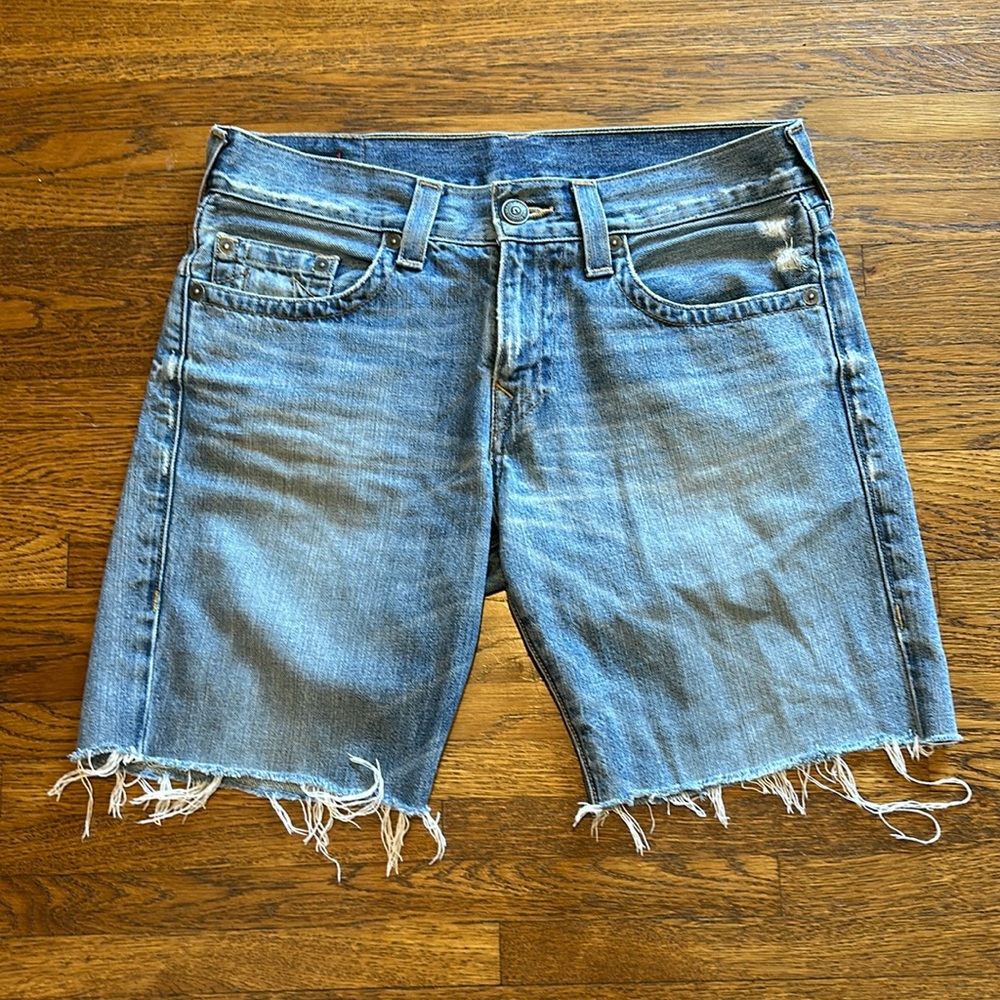 True Religion Men’s Blue Cotton Geno Slim Fit Denim Cut Off Shorts